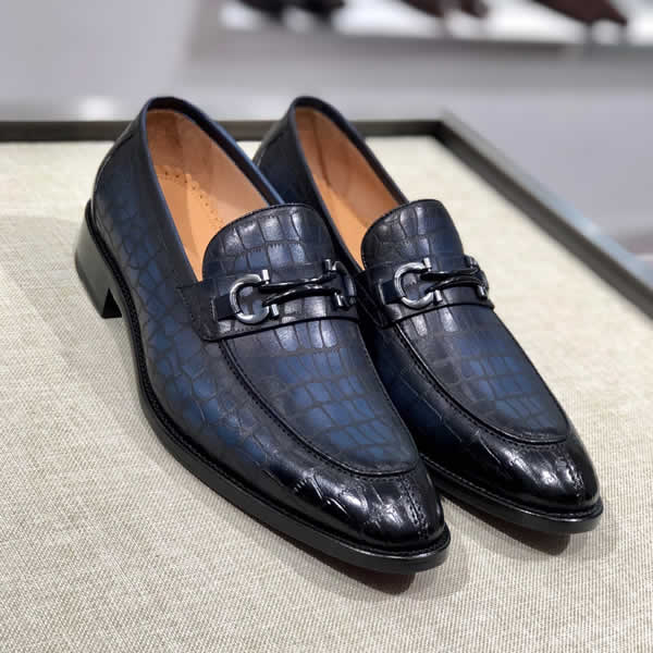 2020 Ferragamo Blue Classic Crocodile Pattern Business Flats Shoes Mens Designer Formal Dress Leather Shoes Men's Loafers Party Shoes